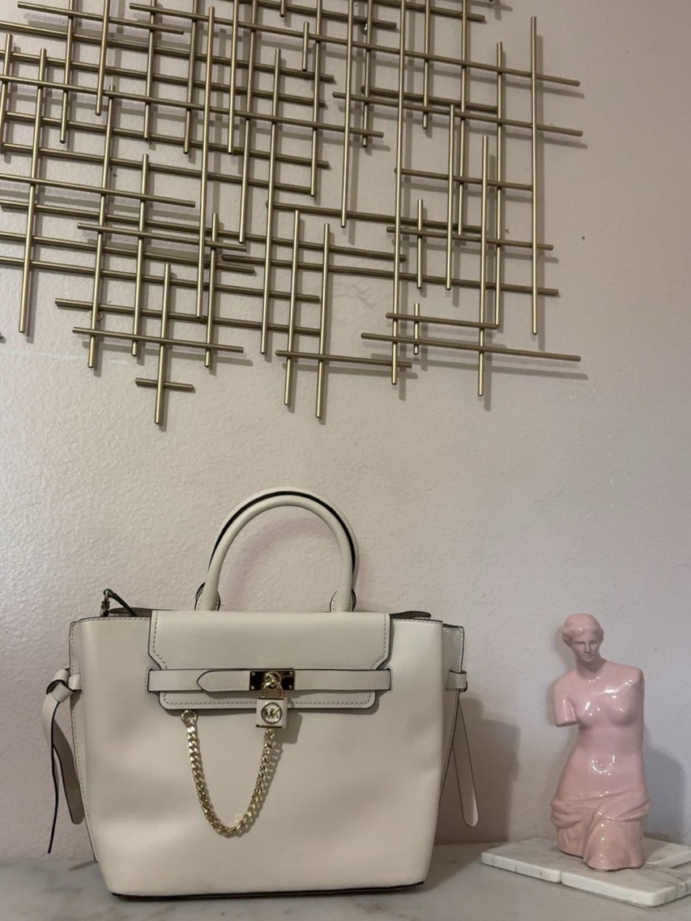 Michael Kors White Leather Satchel with Gold Chain Lock